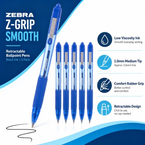 Zebra Z-Grip Smooth Retractable Ballpoint Pens 1.0mm (Blue, 5 Pack) – Low Viscosity Ink & Comfort Grip for Smooth Writing 11 Zebra Z-Grip Smooth Retractable Ballpoint Pens 1.0mm (Blue, 5 Pack) – Low Viscosity Ink & Comfort Grip for Smooth Writing