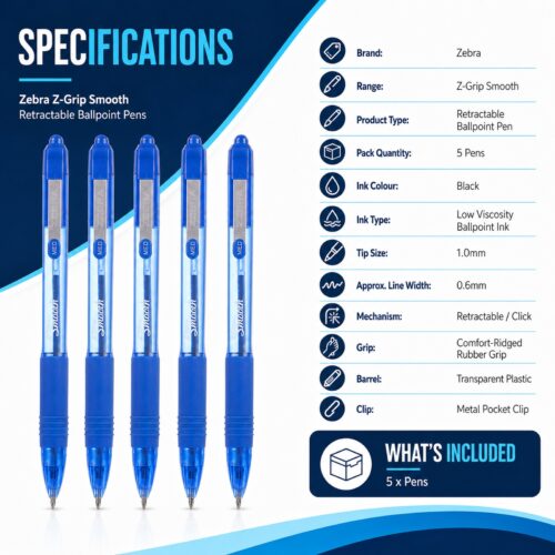 Zebra Z-Grip Smooth Retractable Ballpoint Pens 1.0mm (Blue, 5 Pack) – Low Viscosity Ink & Comfort Grip for Smooth Writing 14 Zebra Z-Grip Smooth Retractable Ballpoint Pens 1.0mm (Blue, 5 Pack) – Low Viscosity Ink & Comfort Grip for Smooth Writing