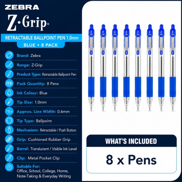 Zebra Z-Grip Retractable Ballpoint Pens 1.0mm (Blue, 8 Pack) – Smooth Writing, Comfort Grip & Metal Clip for Office & School 2 Zebra Z-Grip Retractable Ballpoint Pens 1.0mm (Blue, 8 Pack) – Smooth Writing, Comfort Grip & Metal Clip for Office & School
