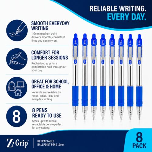 Zebra Z-Grip Retractable Ballpoint Pens 1.0mm (Blue, 8 Pack) – Smooth Writing, Comfort Grip & Metal Clip for Office & School 12 Zebra Z-Grip Retractable Ballpoint Pens 1.0mm (Blue, 8 Pack) – Smooth Writing, Comfort Grip & Metal Clip for Office & School