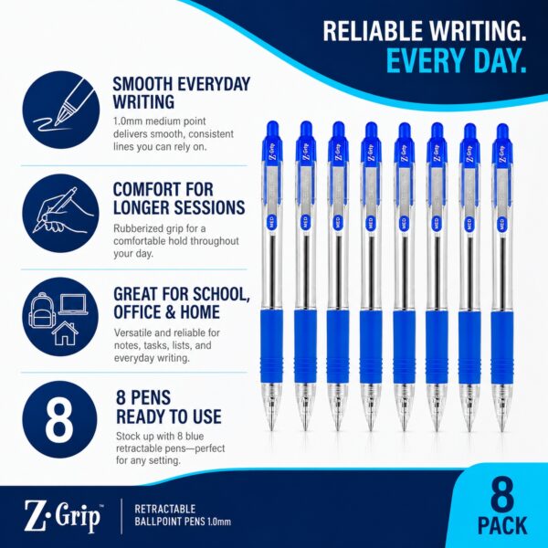 Zebra Z-Grip Retractable Ballpoint Pens 1.0mm (Blue, 8 Pack) – Smooth Writing, Comfort Grip & Metal Clip for Office & School 3 Zebra Z-Grip Retractable Ballpoint Pens 1.0mm (Blue, 8 Pack) – Smooth Writing, Comfort Grip & Metal Clip for Office & School