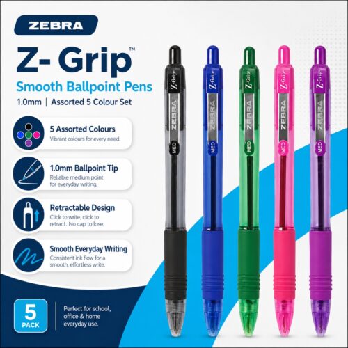 Zebra Z-Grip Smooth Ballpoint Pens 1.0mm (5 Colour Set) – Black, Blue, Violet, Pink & Green, Retractable Smooth Writing 11 Zebra Z-Grip Smooth Ballpoint Pens 1.0mm (5 Colour Set) – Black, Blue, Violet, Pink & Green, Retractable Smooth Writing