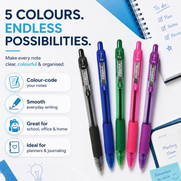 Zebra Z-Grip Smooth Ballpoint Pens 1.0mm (5 Colour Set) – Black, Blue, Violet, Pink & Green, Retractable Smooth Writing 2 Zebra Z-Grip Smooth Ballpoint Pens 1.0mm (5 Colour Set) – Black, Blue, Violet, Pink & Green, Retractable Smooth Writing