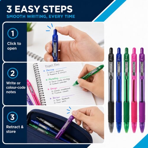 Zebra Z-Grip Smooth Ballpoint Pens 1.0mm (5 Colour Set) – Black, Blue, Violet, Pink & Green, Retractable Smooth Writing 13 Zebra Z-Grip Smooth Ballpoint Pens 1.0mm (5 Colour Set) – Black, Blue, Violet, Pink & Green, Retractable Smooth Writing