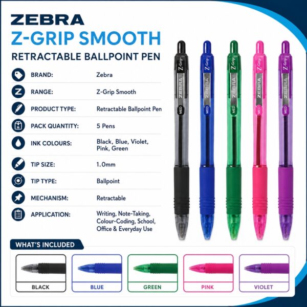 Zebra Z-Grip Smooth Ballpoint Pens 1.0mm (5 Colour Set) – Black, Blue, Violet, Pink & Green, Retractable Smooth Writing 4 Zebra Z-Grip Smooth Ballpoint Pens 1.0mm (5 Colour Set) – Black, Blue, Violet, Pink & Green, Retractable Smooth Writing