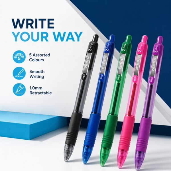 Zebra Z-Grip Smooth Ballpoint Pens 1.0mm (5 Colour Set) – Black, Blue, Violet, Pink & Green, Retractable Smooth Writing 7 Zebra Z-Grip Smooth Ballpoint Pens 1.0mm (5 Colour Set) – Black, Blue, Violet, Pink & Green, Retractable Smooth Writing