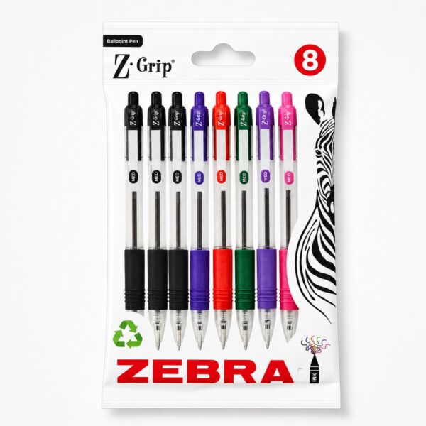 ZGP-MIX-8PK Zebra Z-Grip Ballpoint Pens 1.0mm (8 Pack) – 3 Black, Blue, Red, Green, Violet & Pink, Retractable Smooth Writing