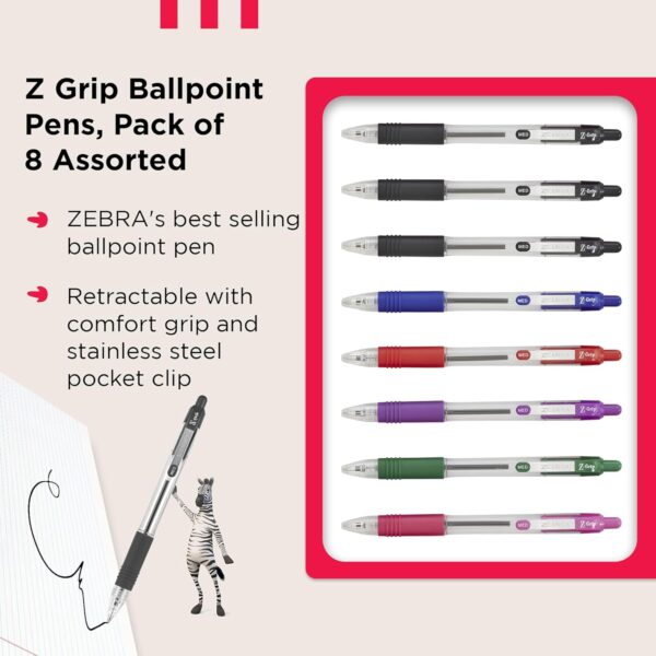 Zebra Z-Grip Ballpoint Pens 1.0mm (8 Pack) – 3 Black, Blue, Red, Green, Violet & Pink, Retractable Smooth Writing 2 Zebra Z-Grip Ballpoint Pens 1.0mm (8 Pack) – 3 Black, Blue, Red, Green, Violet & Pink, Retractable Smooth Writing
