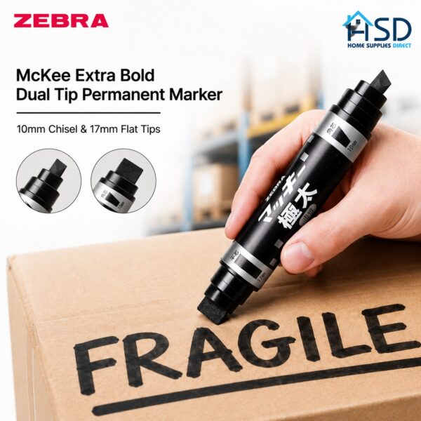 Zebra McKee Extra Bold Permanent Marker (Black) – Dual Tip 10mm Chisel & 17mm Flat, Signs, Posters & Labelling