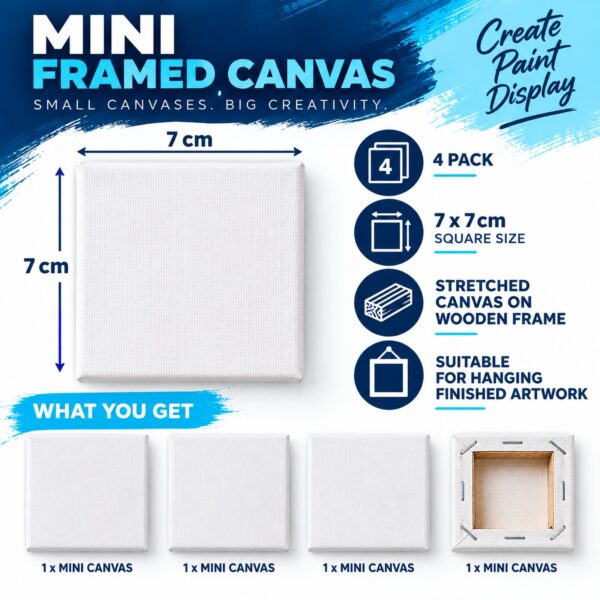 Artist Mini Framed Canvases (4 Pack, 7 x 7cm) – Stretched Canvas with Wooden Frames for Painting, Art & Craft Projects 4 Artist Mini Framed Canvases (4 Pack, 7 x 7cm) – Stretched Canvas with Wooden Frames for Painting, Art & Craft Projects