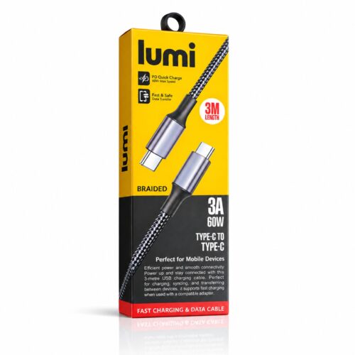 Lumi USB-C to USB-C Cable 3m Black/Grey – 60W PD Fast Charging & Data Transfer, 3A Braided Type C Cable for Phones & Devices