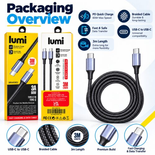 Lumi USB-C to USB-C Cable 3m Black/Grey – 60W PD Fast Charging & Data Transfer, 3A Braided Type C Cable for Phones & Devices 19 Lumi USB-C to USB-C Cable 3m Black/Grey – 60W PD Fast Charging & Data Transfer, 3A Braided Type C Cable for Phones & Devices - Image 10