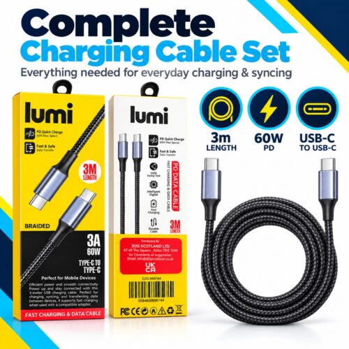 Lumi USB-C to USB-C Cable 3m Black/Grey – 60W PD Fast Charging & Data Transfer, 3A Braided Type C Cable for Phones & Devices 11 Lumi USB-C to USB-C Cable 3m Black/Grey – 60W PD Fast Charging & Data Transfer, 3A Braided Type C Cable for Phones & Devices - Image 2