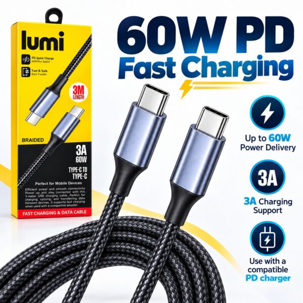 Lumi USB-C to USB-C Cable 3m Black/Grey – 60W PD Fast Charging & Data Transfer, 3A Braided Type C Cable for Phones & Devices 2 D2G 96744 3