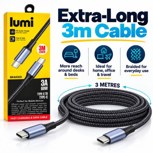 Lumi USB-C to USB-C Cable 3m Black/Grey – 60W PD Fast Charging & Data Transfer, 3A Braided Type C Cable for Phones & Devices 13 Lumi USB-C to USB-C Cable 3m Black/Grey – 60W PD Fast Charging & Data Transfer, 3A Braided Type C Cable for Phones & Devices - Image 4