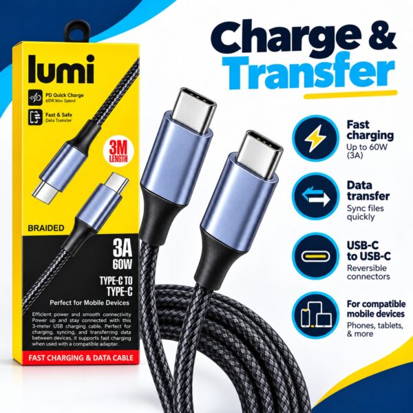 Lumi USB-C to USB-C Cable 3m Black/Grey – 60W PD Fast Charging & Data Transfer, 3A Braided Type C Cable for Phones & Devices 4 D2G 96744 5