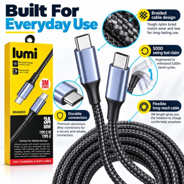 Lumi USB-C to USB-C Cable 3m Black/Grey – 60W PD Fast Charging & Data Transfer, 3A Braided Type C Cable for Phones & Devices 5 D2G 96744 6