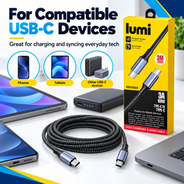 Lumi USB-C to USB-C Cable 3m Black/Grey – 60W PD Fast Charging & Data Transfer, 3A Braided Type C Cable for Phones & Devices 6 D2G 96744 7