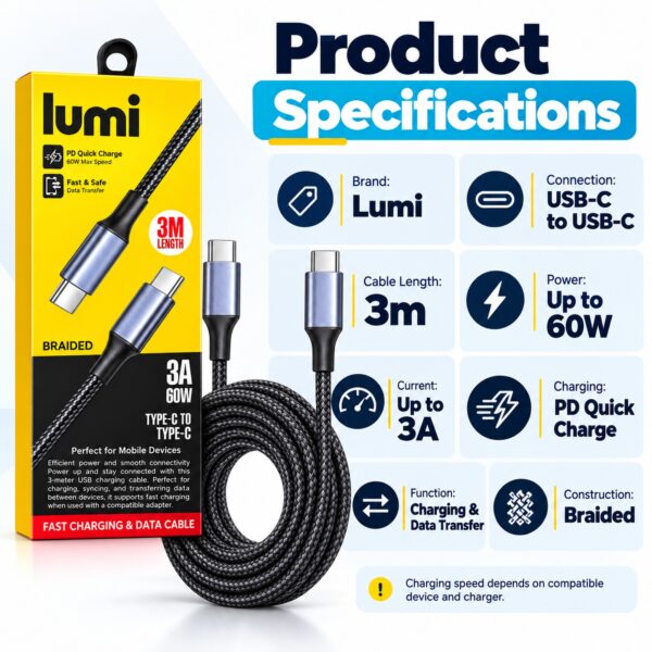 Lumi USB-C to USB-C Cable 3m Black/Grey – 60W PD Fast Charging & Data Transfer, 3A Braided Type C Cable for Phones & Devices 7 D2G 96744 8