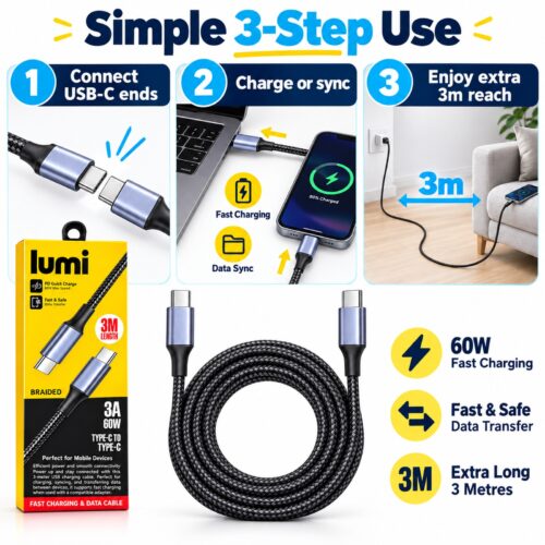 Lumi USB-C to USB-C Cable 3m Black/Grey – 60W PD Fast Charging & Data Transfer, 3A Braided Type C Cable for Phones & Devices 18 Lumi USB-C to USB-C Cable 3m Black/Grey – 60W PD Fast Charging & Data Transfer, 3A Braided Type C Cable for Phones & Devices - Image 9