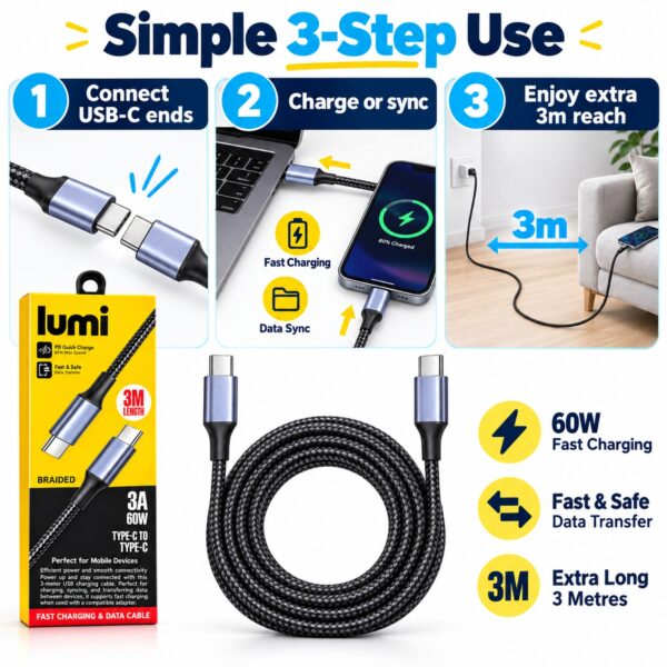 Lumi USB-C to USB-C Cable 3m Black/Grey – 60W PD Fast Charging & Data Transfer, 3A Braided Type C Cable for Phones & Devices 8 D2G 96744 9
