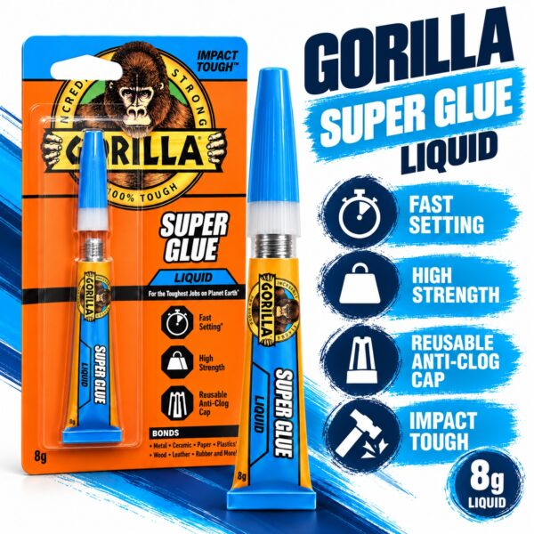 Gorilla Super Glue Liquid 8g Tube – Impact Tough Fast Setting High Strength Adhesive for Metal, Ceramic, Wood & Plastic 8 GRG BLU 8 3
