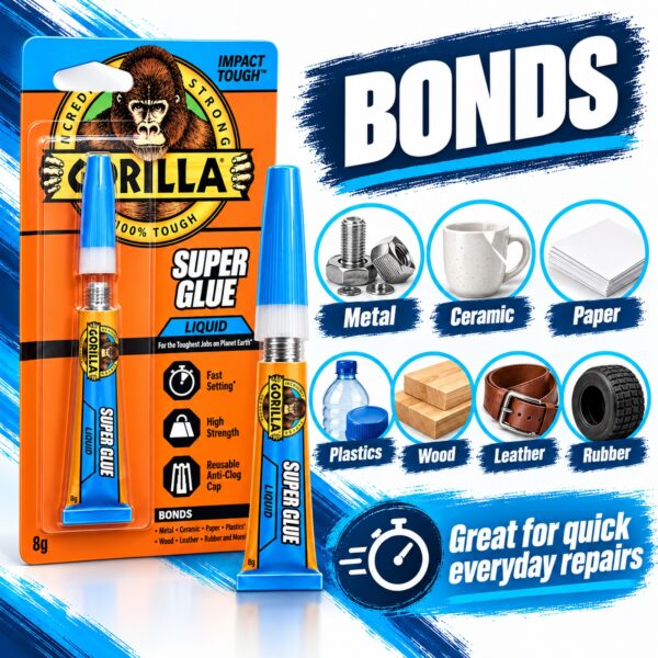 Gorilla Super Glue Liquid 8g Tube – Impact Tough Fast Setting High Strength Adhesive for Metal, Ceramic, Wood & Plastic 7 GRG BLU 8 4