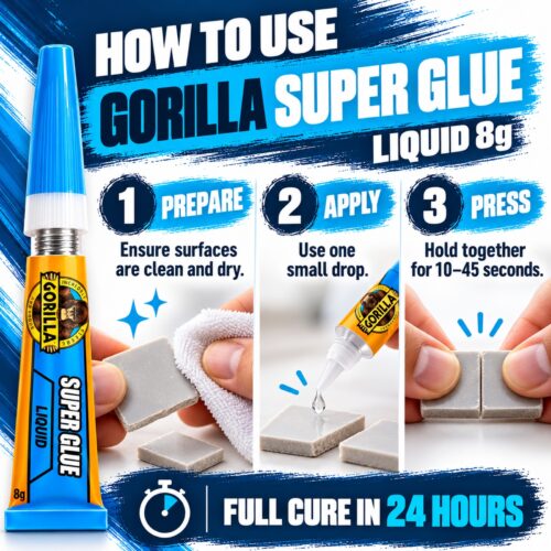 Gorilla Super Glue Liquid 8g Tube – Impact Tough Fast Setting High Strength Adhesive for Metal, Ceramic, Wood & Plastic 15 Gorilla Super Glue Liquid 8g Tube – Impact Tough Fast Setting High Strength Adhesive for Metal, Ceramic, Wood & Plastic - Image 7