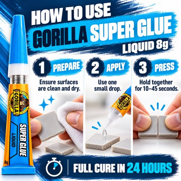 Gorilla Super Glue Liquid 8g Tube – Impact Tough Fast Setting High Strength Adhesive for Metal, Ceramic, Wood & Plastic 6 GRG BLU 8 5