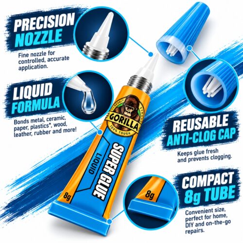 Gorilla Super Glue Liquid 8g Tube – Impact Tough Fast Setting High Strength Adhesive for Metal, Ceramic, Wood & Plastic 14 Gorilla Super Glue Liquid 8g Tube – Impact Tough Fast Setting High Strength Adhesive for Metal, Ceramic, Wood & Plastic - Image 6