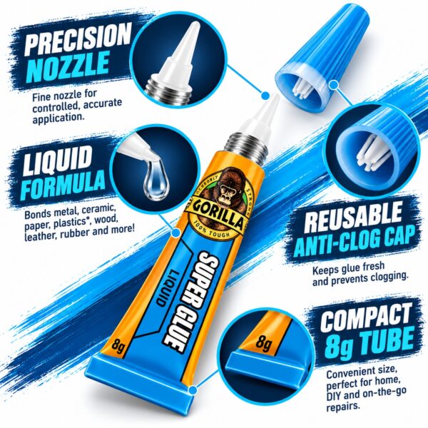 Gorilla Super Glue Liquid 8g Tube – Impact Tough Fast Setting High Strength Adhesive for Metal, Ceramic, Wood & Plastic 5 GRG BLU 8 6