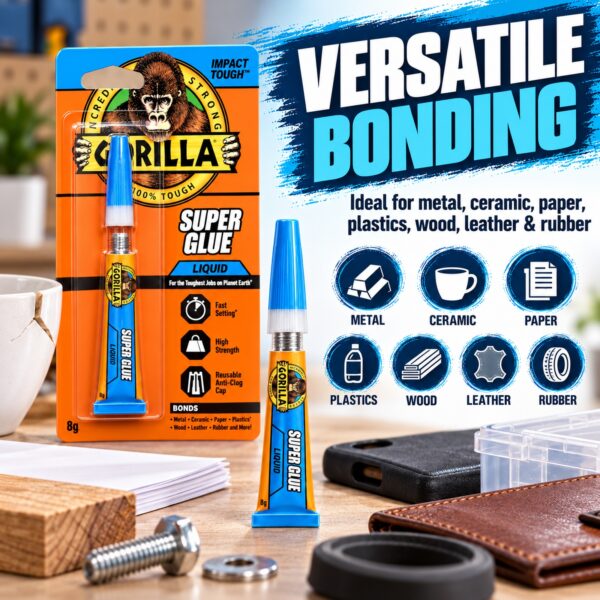 Gorilla Super Glue Liquid 8g Tube – Impact Tough Fast Setting High Strength Adhesive for Metal, Ceramic, Wood & Plastic 3 GRG BLU 8 8