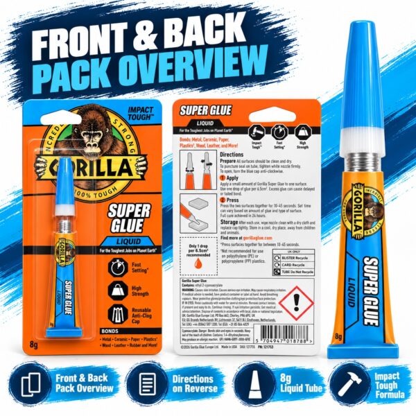 Gorilla Super Glue Liquid 8g Tube – Impact Tough Fast Setting High Strength Adhesive for Metal, Ceramic, Wood & Plastic 2 GRG BLU 8 9