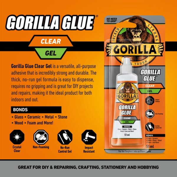 Gorilla Glue Clear Gel 51ml – Crystal Clear No-Run Adhesive, Water & Impact Resistant for Indoor & Outdoor Repairs