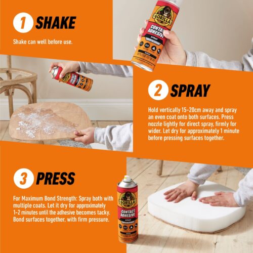 Gorilla Contact Adhesive Spray 500ml – Crystal Clear Flexible Permanent Spray Glue, Water & Heat Resistant 9 Gorilla Contact Adhesive Spray 500ml – Crystal Clear Flexible Permanent Spray Glue, Water & Heat Resistant