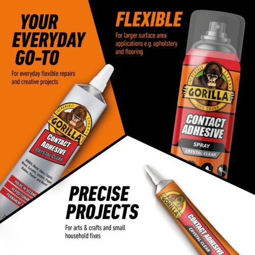 Gorilla Contact Adhesive Spray 500ml – Crystal Clear Flexible Permanent Spray Glue, Water & Heat Resistant 8 Gorilla Contact Adhesive Spray 500ml – Crystal Clear Flexible Permanent Spray Glue, Water & Heat Resistant