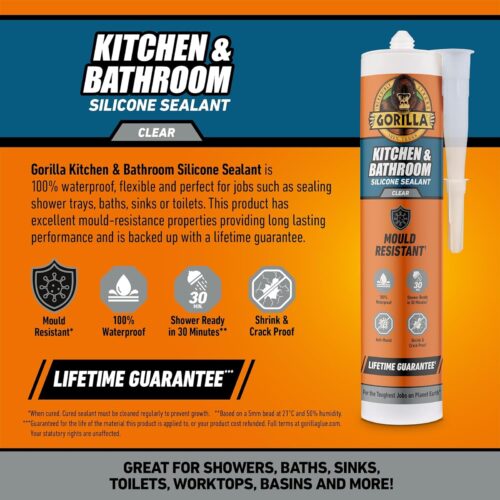 Gorilla Kitchen & Bathroom Sealant 295ml (Clear) – 100% Waterproof, Mould Resistant Silicone for Showers, Sinks & Basins