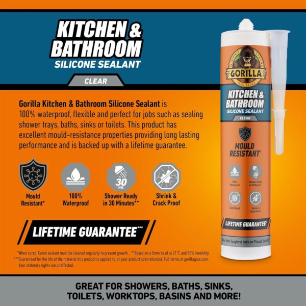 Gorilla Kitchen & Bathroom Sealant 295ml (Clear) – 100% Waterproof, Mould Resistant Silicone for Showers, Sinks & Basins