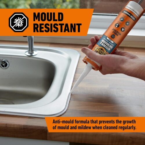 Gorilla Kitchen & Bathroom Sealant 295ml (White) – 100% Waterproof, Mould Resistant Silicone for Showers, Sinks & Basins