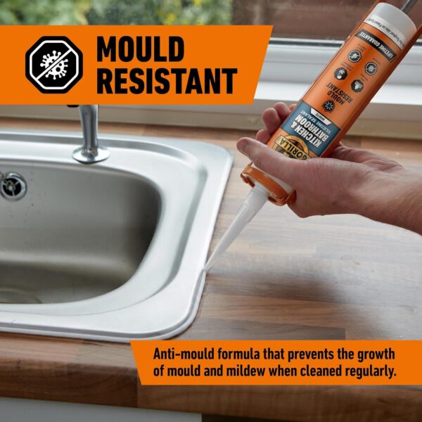 Gorilla Kitchen & Bathroom Sealant 295ml (White) – 100% Waterproof, Mould Resistant Silicone for Showers, Sinks & Basins