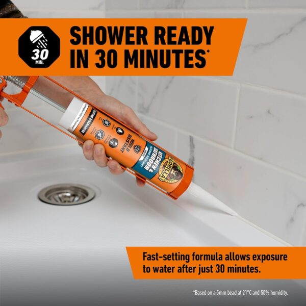Gorilla Kitchen & Bathroom Sealant 295ml (White) – 100% Waterproof, Mould Resistant Silicone for Showers, Sinks & Basins