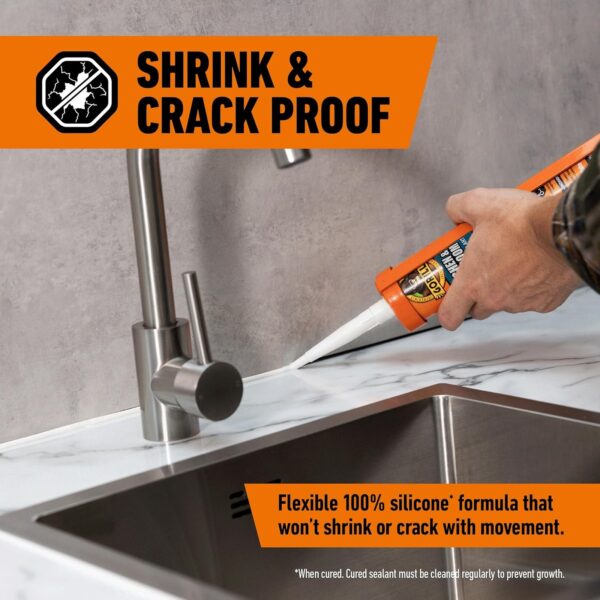 Gorilla Kitchen & Bathroom Sealant 295ml (White) – 100% Waterproof, Mould Resistant Silicone for Showers, Sinks & Basins