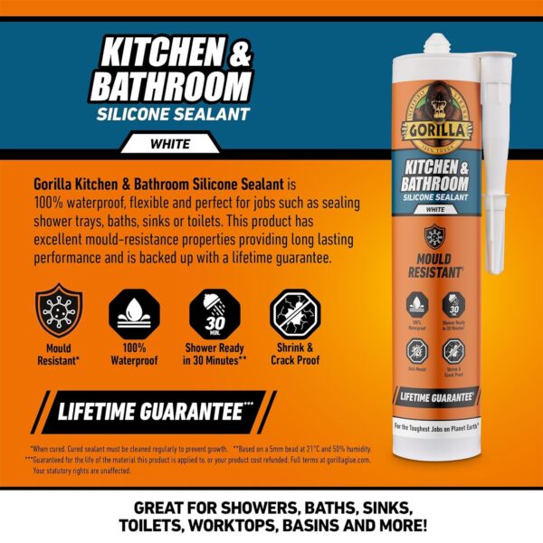 Gorilla Kitchen & Bathroom Sealant 295ml (White) – 100% Waterproof, Mould Resistant Silicone for Showers, Sinks & Basins