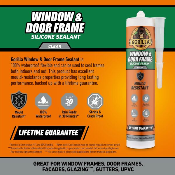 Gorilla Window & Door Frame Sealant 295ml (Clear) – 100% Waterproof, Anti-Mould & UV Resistant Silicone Sealant 4 Gorilla Window & Door Frame Sealant 295ml (Clear) – 100% Waterproof, Anti-Mould & UV Resistant Silicone Sealant