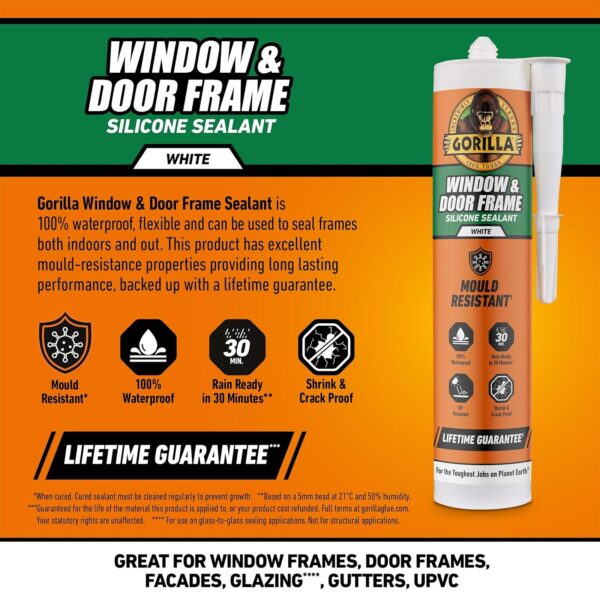 Gorilla Window & Door Frame Sealant 295ml (White) – 100% Waterproof, Anti-Mould & UV Resistant Silicone Sealant 4 Gorilla Window & Door Frame Sealant 295ml (White) – 100% Waterproof, Anti-Mould & UV Resistant Silicone Sealant