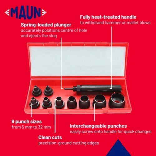 Maun Wad Punch Set with Centre Punch (Metric, 5-32mm) – 9 Precision Hollow Punches for Gaskets, Leather & Rubber