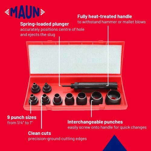 Maun Wad Punch Set with Centre Punch (Imperial, 1/4"-1") – 9 Precision Hollow Punches for Gaskets, Leather & Rubber 7 Maun Wad Punch Set with Centre Punch (Imperial, 1/4″-1″) – 9 Precision Hollow Punches for Gaskets, Leather & Rubber