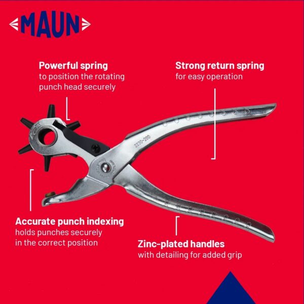 Maun Revolving Leather Hole Punch Pliers 210mm (2-4.8mm) – 6-Size Rotary Punch for Leather, Belts, Canvas & Craft Work 2 Maun Revolving Leather Hole Punch Pliers 210mm (2-4.8mm) – 6-Size Rotary Punch for Leather, Belts, Canvas & Craft Work