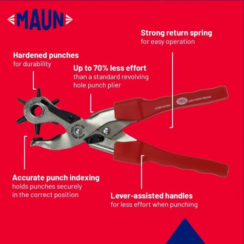 Maun Heavy Duty Revolving Leather Hole Punch Pliers 260mm (2–4.8mm) – Lever Assisted 6-Size Punch for Thick Leather 5 Maun Heavy Duty Revolving Leather Hole Punch Pliers 260mm (2–4.8mm) – Lever Assisted 6-Size Punch for Thick Leather
