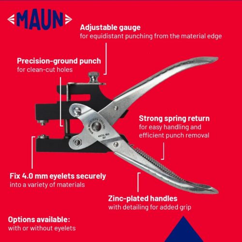 Maun Heavy Duty Hole Puncher & Eyelet Pliers 160mm (4mm) – 2-in-1 Punch & Eyelet Fixing Tool for Leather & Card